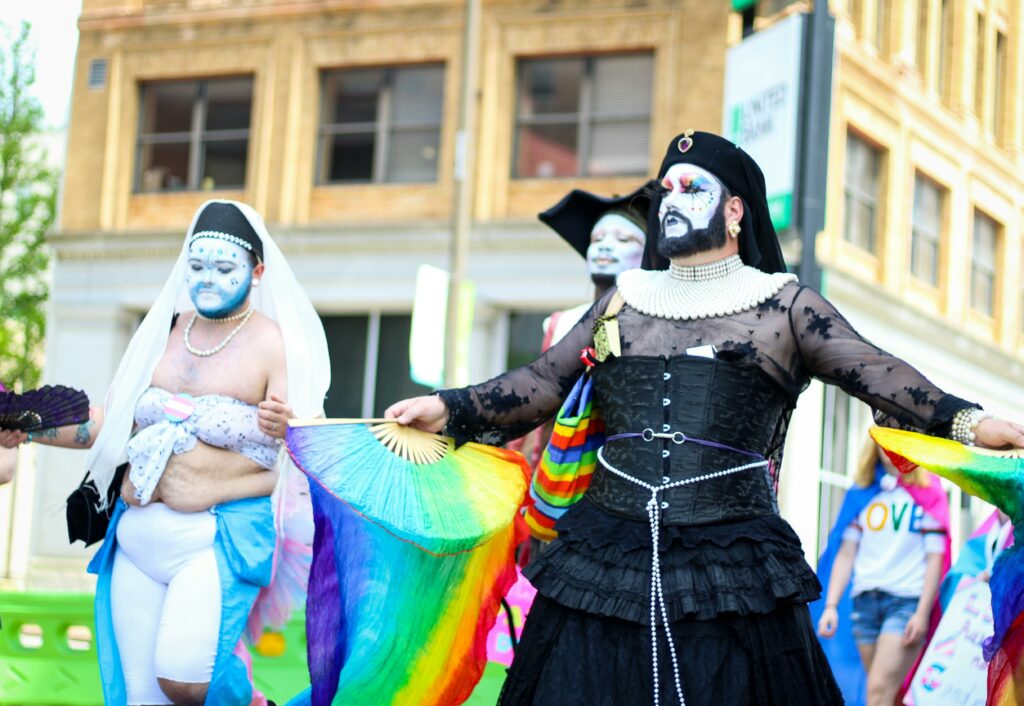 LGBT pride parade featuring colorful costumes and expressions of diversity and celebration.